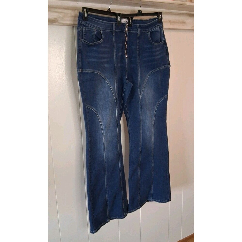 Fashion Nova Moto Flare Jeans 22 Blue Denim Stretch Festival Hippie NEW Zip Fly - Picture 7 of 8